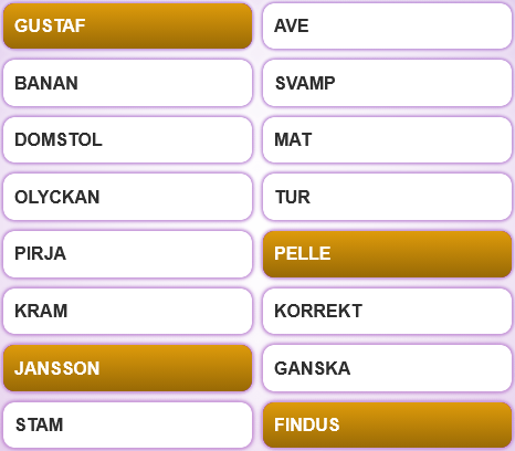 Skärmdump av spelplanen, med fyra markerade ord